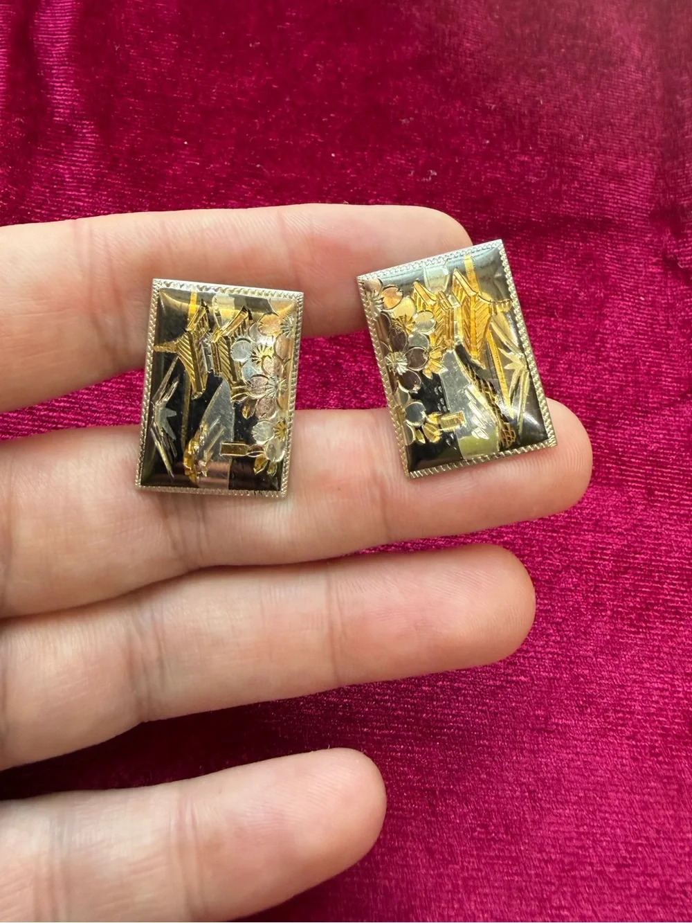 Vintage Damascene Sterling Silver and 14k Gold Inlay Cufflinks